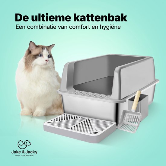 Bac à litière en acier inoxydable Jake et Jacky - Toilette pour chat en acier inoxydable - bac à litière ouvert - avec pelle à litière avec support et marche de ramassage des gravillons - 60x40x30cm
