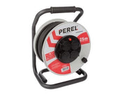 Perel Enrouleur de câble professionnel, utilisation intérieure et extérieure, résistant aux éclaboussures (IP44), 4 prises avec broche de terre, système anti-torsion, protection thermique, longueur de câble 25 m, 3G2.5, gris/noir