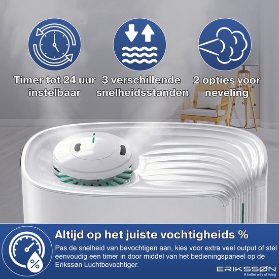 Erikssøn Humidificateur Hydra Comfort - 6 litres - Convient au salon, au bureau, à la chambre à coucher, à la chambre de bébé - Avec aromathérapie - Blanc