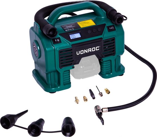 VONROC Compresseur Accu - VPower 20V - Sans batterie ni chargeur - Batterie 20V et connexion 12V - 11 bar - 8 accessoires inclus