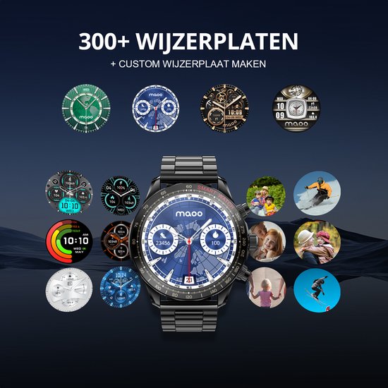 Maoo Titan AMOLED Smartwatch Homme - Acier inoxydable et 2 bracelets TPU - Podomètre - Moniteur de fréquence cardiaque - Moniteur de sommeil - Multisport - Convient à Android et iOS - Noir