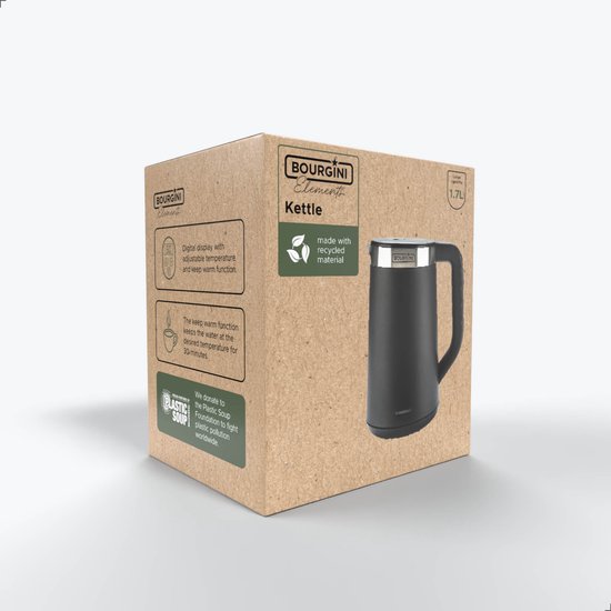 Bourgini Elements - Bouilloire numérique - Noir - Capacité de 1,7 litre - Matériaux recyclés certifiés GRS