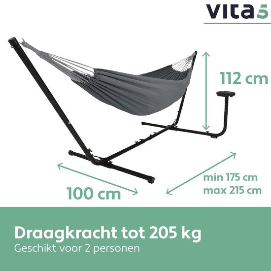 Vita5 Hamac avec support 2 personnes - Porte-gobelet inclus - Poids 205 kg - Gris foncé - Longueur ajustable - Sac de transport inclus