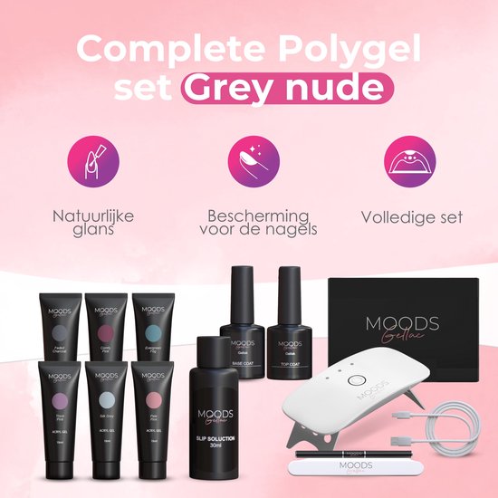 Moods Gellac - Luxury Polygel Set - Polygel Nails Starter Pack - Inclut une lampe UV LED - 6 couleurs - Gris Nude