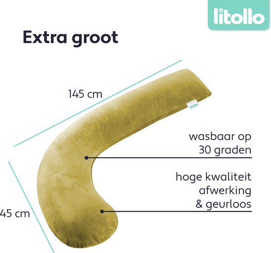 Litollo® Coussin de grossesse (forme en J) - Coussin d'allaitement - Coussin corporel - Oreiller latéral - Oreiller corporel - Housse en polaire douce XXL 145cm - Jaune ocre