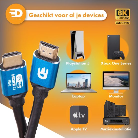 Drivv. Câble HDMI Premium 2.1 - Ultra HD High Speed 8K - 4K 120hz - Convient à Xbox Series X & PS5 - 5 mètres - Bleu
