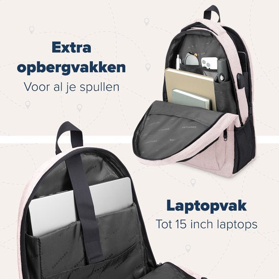TRVLMORE Sac à dos - 28L - 15.6 Inch - Sac à dos pour ordinateur portable avec USB - Antivol - Homme et Femme - Sac Rose