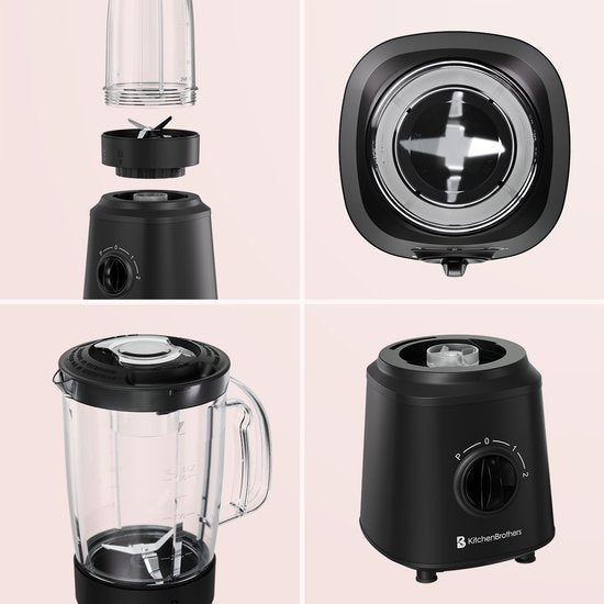 KitchenBrothers Blender - Set complet - 2x 750ml Jugug - Grinder - Strainer - To-Go Cups - Black