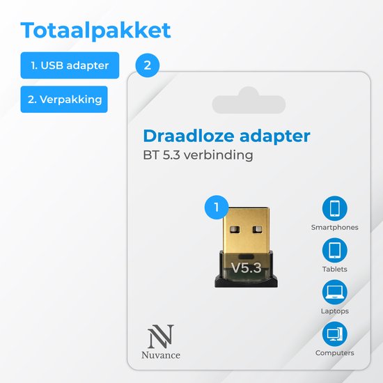 Adaptateur Bluetooth Nuvance - 5.3 - Récepteur Bluetooth - USB - Dongle Bluetooth PC - Convient à Windows 11/10/8/7