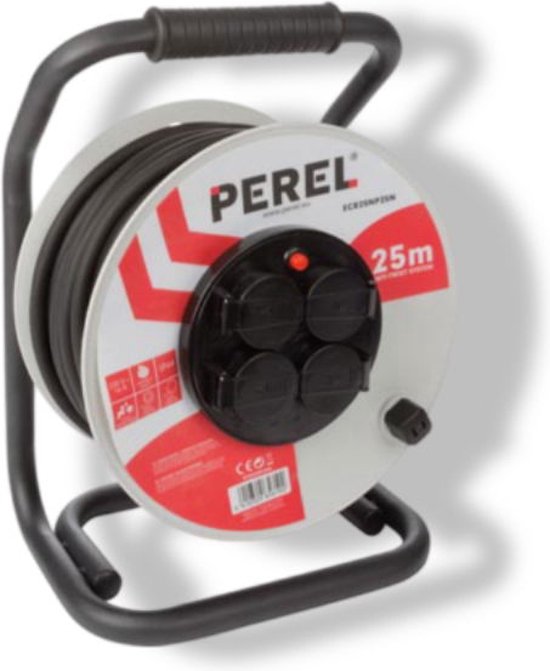 Perel Enrouleur de câble professionnel, utilisation intérieure et extérieure, résistant aux éclaboussures (IP44), 4 prises avec broche de terre, système anti-torsion, protection thermique, longueur de câble 25 m, 3G2.5, gris/noir