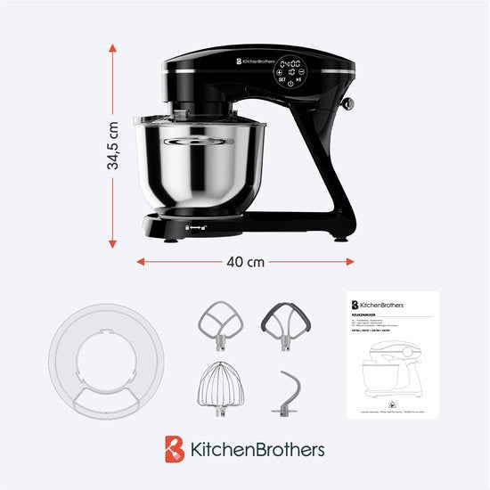 KitchenBrothers Robot de cuisine - Ecran tactile et minuteur - Robot de cuisine - 6.2L - 1800W - Mixeur de cuisine - Aluminium - Noir