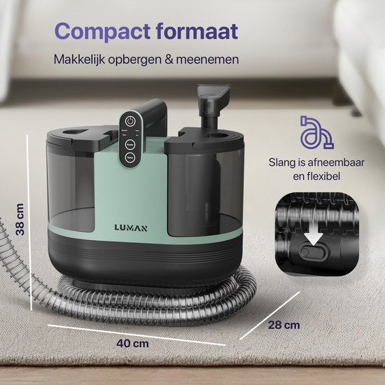LUMAN Nettoyeur de tapis 4 en 1 - Fonction chauffante et autonettoyante - Nettoyeur de taches - Nettoyeur de sièges - Nettoyeur pour canapé, sol, voiture et tapis - 4 brosses - Produit nettoyant inclus - Cordon de 7 mètres