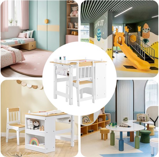 SoBuy KMB60-WN Table et chaise pour enfants, ensemble 2 pièces, table et chaise pour enfants, bureau avec 2 étagères, porte-papier et compartiments de rangement, blanc/naturel, 80 x 50 x 66 cm