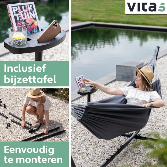Vita5 Hamac avec support 2 personnes - Porte-gobelet inclus - Poids 205 kg - Gris foncé - Longueur ajustable - Sac de transport inclus