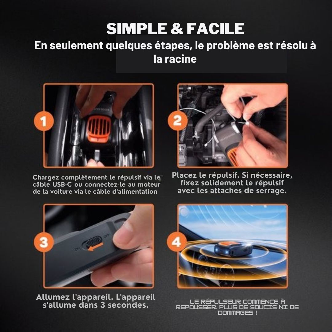 Deterrent Vulpes Goods® - Dissuasion de la martre de pierre - Intérieur et extérieur - Fréquences automatiques et lampes flash - USB et batterie de voiture - Martres, souris et rats - PRO V2 - 2 pièces - orange/noir