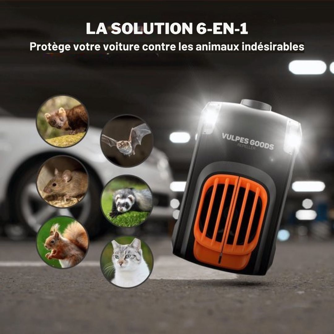 Deterrent Vulpes Goods® - Dissuasion de la martre de pierre - Intérieur et extérieur - Fréquences automatiques et lampes flash - USB et batterie de voiture - Martres, souris et rats - PRO V2 - 2 pièces - orange/noir