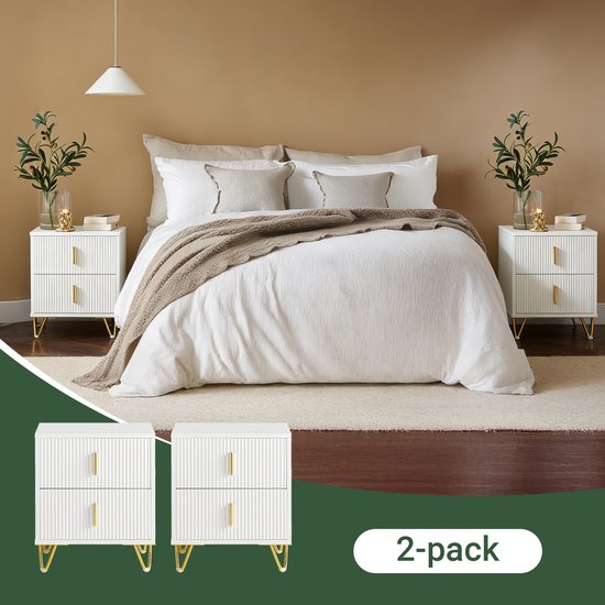 SoBuy 2-Piece Nightstand with 2 Drawers - Side Table - Sofa Side Table - Coffee Table - Bedroom Table - Bed Table with 2 Drawer for Living Room, Bedroom, Office, White, 40x40x47cm, FBT115-Wx2