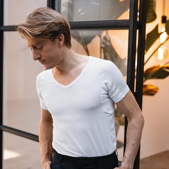 Anti Sweat Shirt - Fibershirts® - Coussinets d'aisselles cousus - Maillot de corps - Blanc - Col en V - Hommes - Taille L