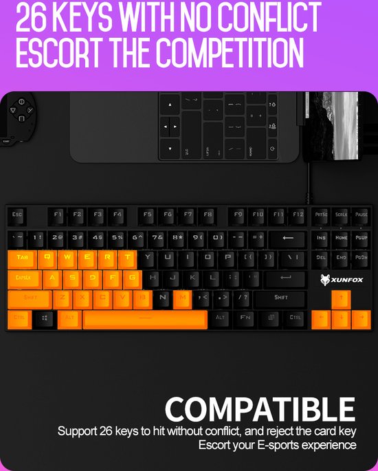 XUNFOX K80 RGB clavier de jeu mécanique 87 touches TKL - clavier de jeu Windows/Mac - interrupteur bleu - Clavier mécanique - QWERTY - claviers de jeu anti-ghosting - Noir/Gris