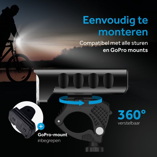 Tikkens Lampe LED pour vélo 1600 Lumen - Lampe de vélo USB rechargeable - Lampe de vélo avec Powerbank - Lampe avant VTT et vélo de route - Lampe de vélo étanche