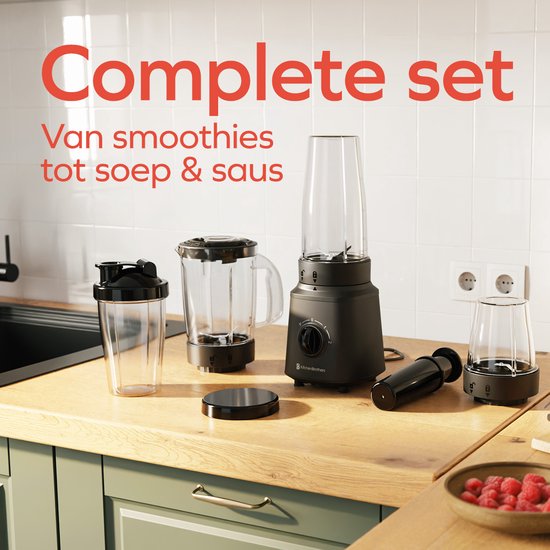 KitchenBrothers Blender - Set complet - 2x 750ml Jugug - Grinder - Strainer - To-Go Cups - Black
