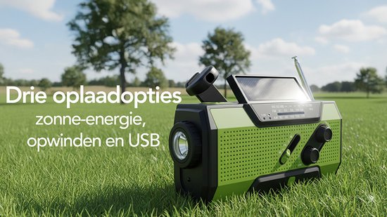 Radio d'urgence Brixy - Radio avec batterie pour les urgences - 5000 MAH - rembobinable - solaire - lampe de poche - Powerbank - vert