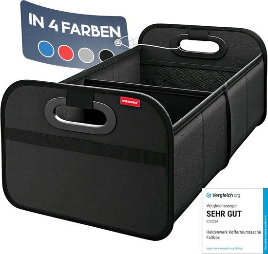 HELDENWERK Sac de coffre de voiture, pliable, renforcé et stable, organisateur de coffre, sac à provisions pour un rangement pratique, boîte pliante de voiture antidérapante, boîte de coffre (noir)