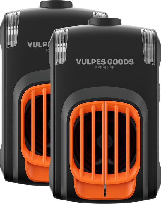 Deterrent Vulpes Goods® - Dissuasion de la martre de pierre - Intérieur et extérieur - Fréquences automatiques et lampes flash - USB et batterie de voiture - Martres, souris et rats - PRO V2 - 2 pièces - orange/noir