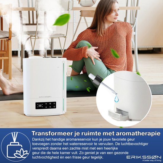 Erikssøn Humidificateur Hydra Comfort - 6 litres - Convient au salon, au bureau, à la chambre à coucher, à la chambre de bébé - Avec aromathérapie - Blanc