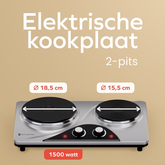 KitchenBrothers Table de cuisson électrique - 2 brûleurs - pose libre - 7 niveaux de température - 1500W + 1000W - inox/noir