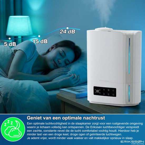 Erikssøn Humidificateur Hydra Comfort - 6 litres - Convient au salon, au bureau, à la chambre à coucher, à la chambre de bébé - Avec aromathérapie - Blanc