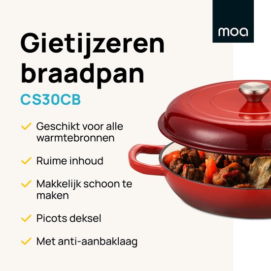 MOA Poêle en fonte - Poêle à induction - Poêle en fonte - Capacité 3,5L - Ø 30 cm - Toutes sources de chaleur - Poids 5,6 kg - Émail - Rouge cerise