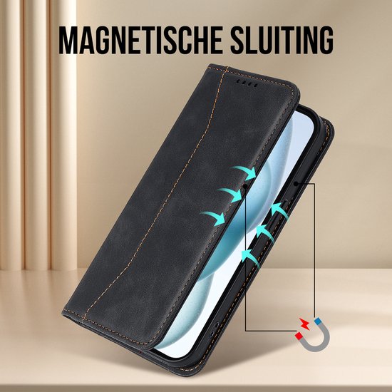 Podec Case with Card Holder Suitable for iPhone 15 Black Phone Case - Anti-Shock Bookcase Cover with 1x Screen Protector - Wallet Case