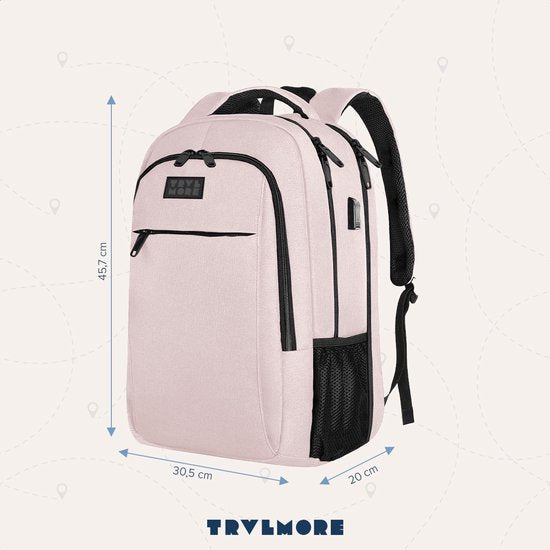 TRVLMORE Sac à dos - 28L - 15.6 Inch - Sac à dos pour ordinateur portable avec USB - Antivol - Homme et Femme - Sac Rose
