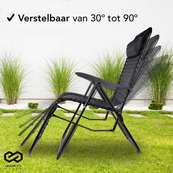 Infinity Goods Opvouwbare Tuinstoelen set van 2- Ligstoelen - Opvouwbaar - Verstelbaar - Ergonomisch Hoofdkussen - Metaal - Textileen - Zwart