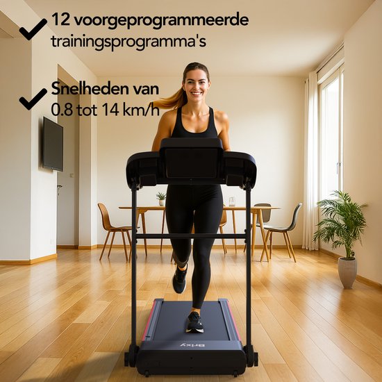 Tapis de course Brixy - pliable - jusqu'à 14 km/h - 12 programmes - avec support pour tablette et bouteille - écran couleur LCD - noir