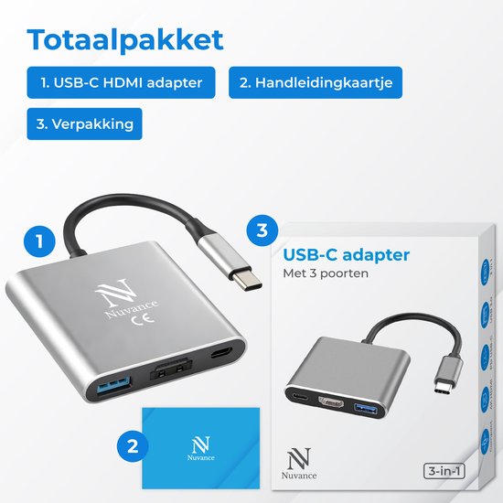 Nuvance Adaptateur USB C vers HDMI - USB C HDMI - Hub USB - UBS C vers USB A - 4K HDMI Splitter - PD100W Laptop Charging
