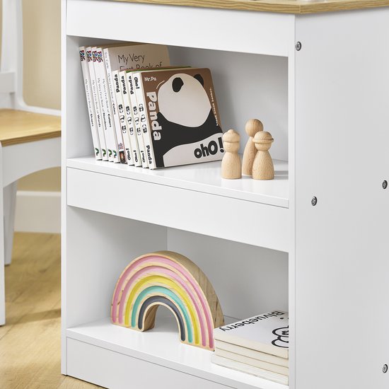 SoBuy KMB60-WN Table et chaise pour enfants, ensemble 2 pièces, table et chaise pour enfants, bureau avec 2 étagères, porte-papier et compartiments de rangement, blanc/naturel, 80 x 50 x 66 cm