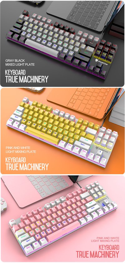 XUNFOX K80 RGB clavier de jeu mécanique 87 touches TKL - clavier de jeu Windows/Mac - interrupteur bleu - Clavier mécanique - QWERTY - claviers de jeu anti-ghosting - Noir/Gris