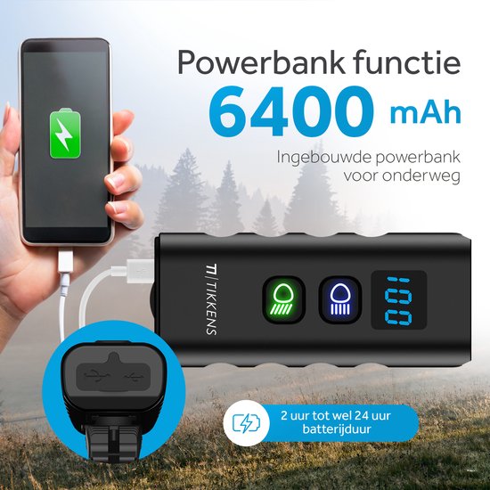 Tikkens Lampe LED pour vélo 1600 Lumen - Lampe de vélo USB rechargeable - Lampe de vélo avec Powerbank - Lampe avant VTT et vélo de route - Lampe de vélo étanche