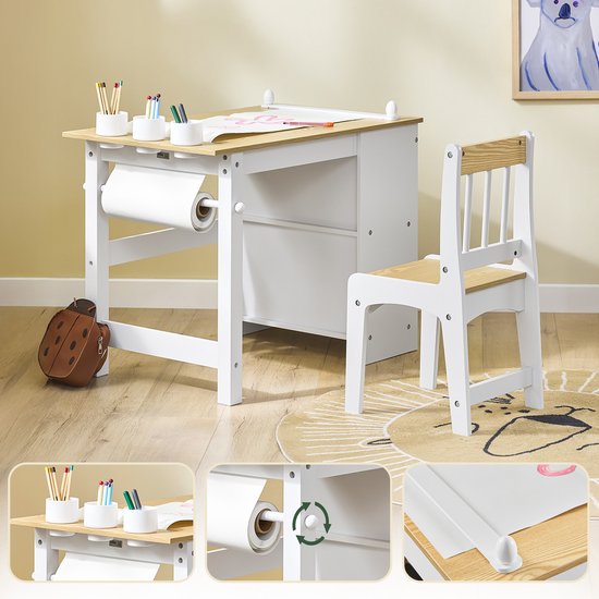 SoBuy KMB60-WN Table et chaise pour enfants, ensemble 2 pièces, table et chaise pour enfants, bureau avec 2 étagères, porte-papier et compartiments de rangement, blanc/naturel, 80 x 50 x 66 cm
