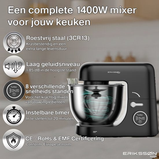 Robot de cuisine Erikssøn - 8 vitesses avec minuterie - 5L avec bol de mixage - 1400W - Robot de cuisine - Mixeur de cuisine - Robot de cuisine - Noir