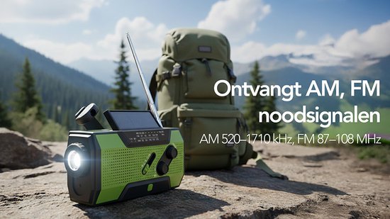 Radio d'urgence Brixy - Radio avec batterie pour les urgences - 5000 MAH - rembobinable - solaire - lampe de poche - Powerbank - vert