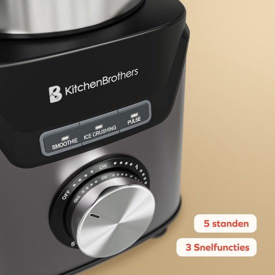 KitchenBrothers Blender avec bouteille - 1200W - 1.5L - Smoothie Maker - Ice Crusher - Gris