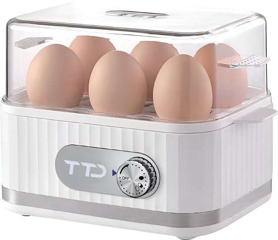TTD® Smart Egg Boiler Electric with Timer - Convient pour 1 à 6 oeufs - à la coque, à la molle ou semi-molle - Egg timer - Egg Boiler Electric - Comprend un coquetier et un gobelet gradué