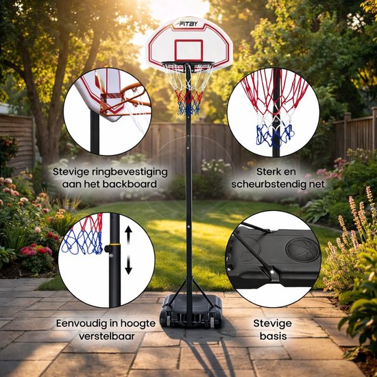 Poteau de basket-ball Fitby - anneau de basket-ball avec support - réglable - 150-205 cm - socle robuste avec roues