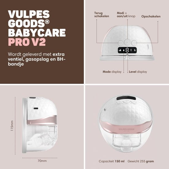 Vulpes Goods® BabyCare - Tire-lait électrique double sans fil - mains libres et portable - avec contrôle APP - sans BPA - PRO V2