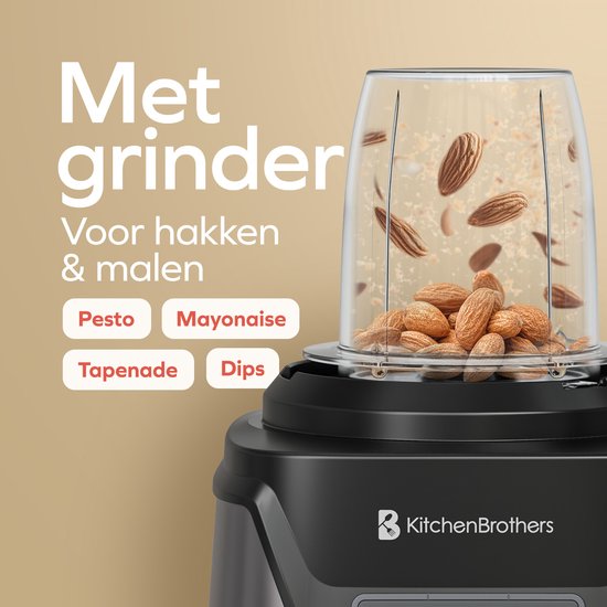 KitchenBrothers Blender avec bouteille - 1200W - 1.5L - Smoothie Maker - Ice Crusher - Gris