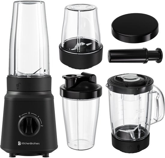 KitchenBrothers Blender - Set complet - 2x 750ml Jugug - Grinder - Strainer - To-Go Cups - Black