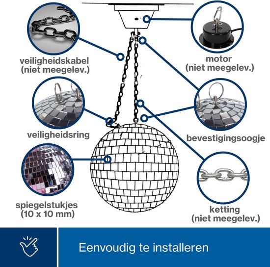 HQ-Power Disco boule à facettes Ø 20 cm, effets de lumière spectaculaires pour les fêtes, système de suspension sûr et verre à facettes, accessoire de piste de danse pour discothèque et plus encore